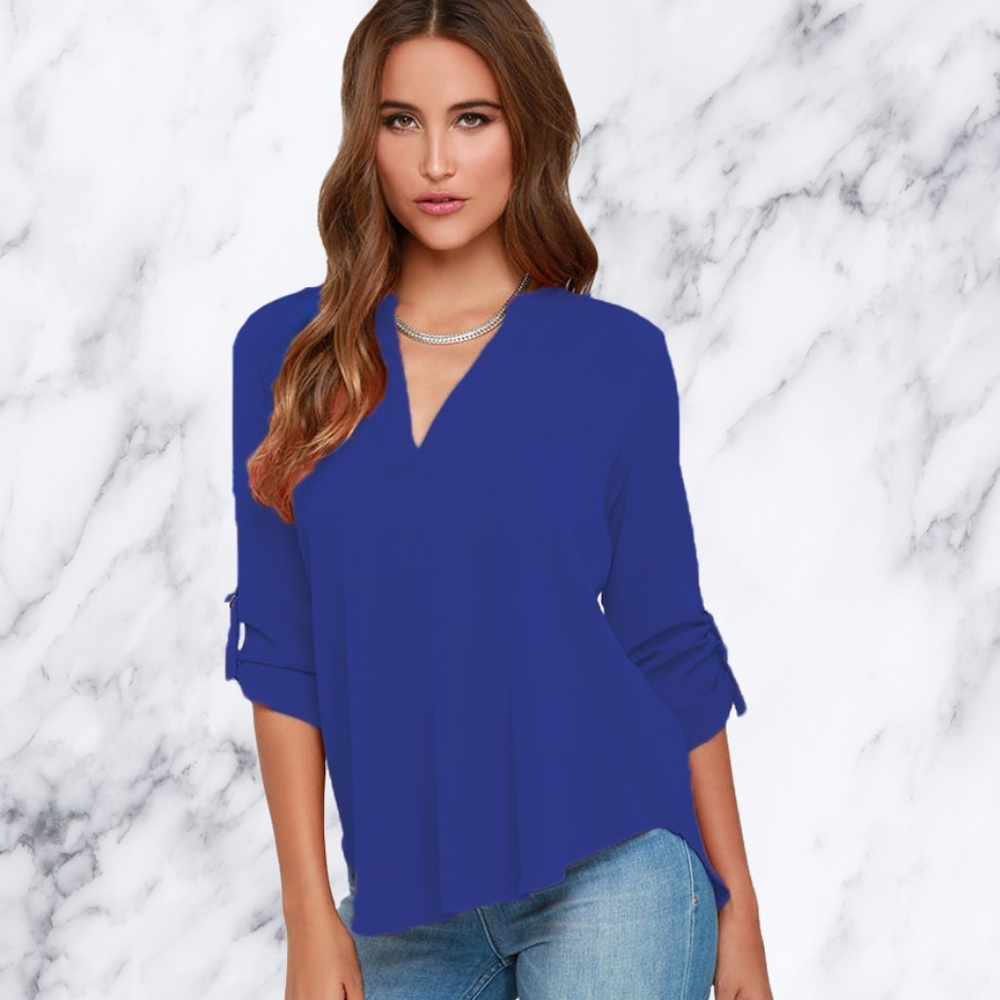 Royal Blue 3/4 Sleeve V-Neck Chiffon Blouse